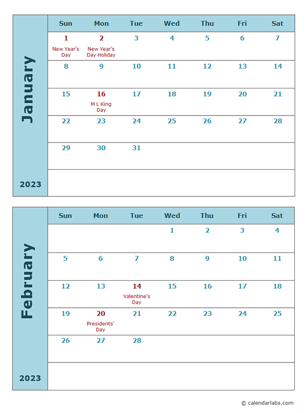 2023 Calendar Template Two Months Per Page Free Printable Templates