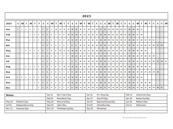 2023 Calendar Template Year At A Glance