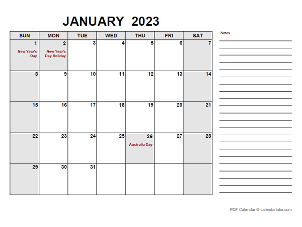 2023 Calendar with Australia Holidays PDF