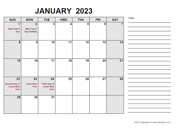 2023 Calendar with Hong Kong Holidays PDF