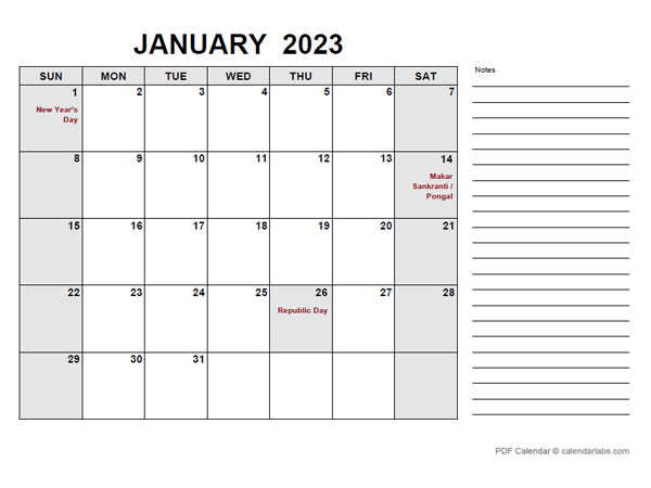 2023 Calendar with India Holidays PDF
