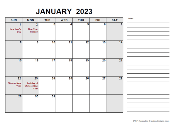 2023 Calendar with Malaysia Holidays PDF