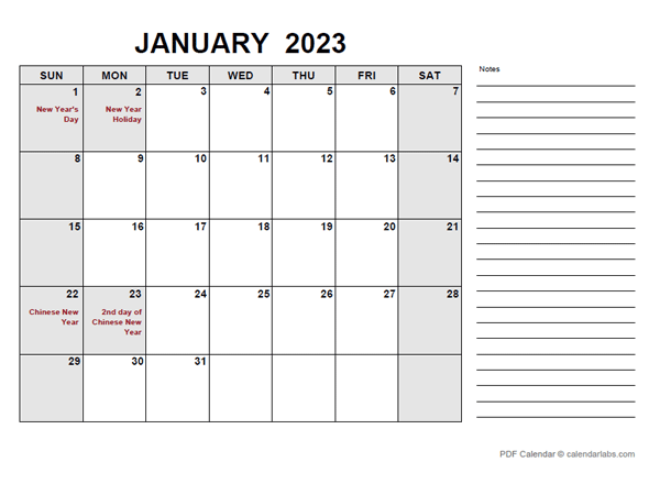 2023 Calendar with Singapore Holidays PDF