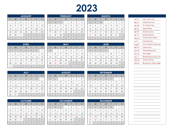 2023 Canada Annual Calendar with Holidays