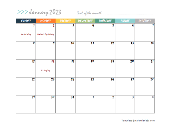 2023 Monthly Word Calendar In Colorful Design