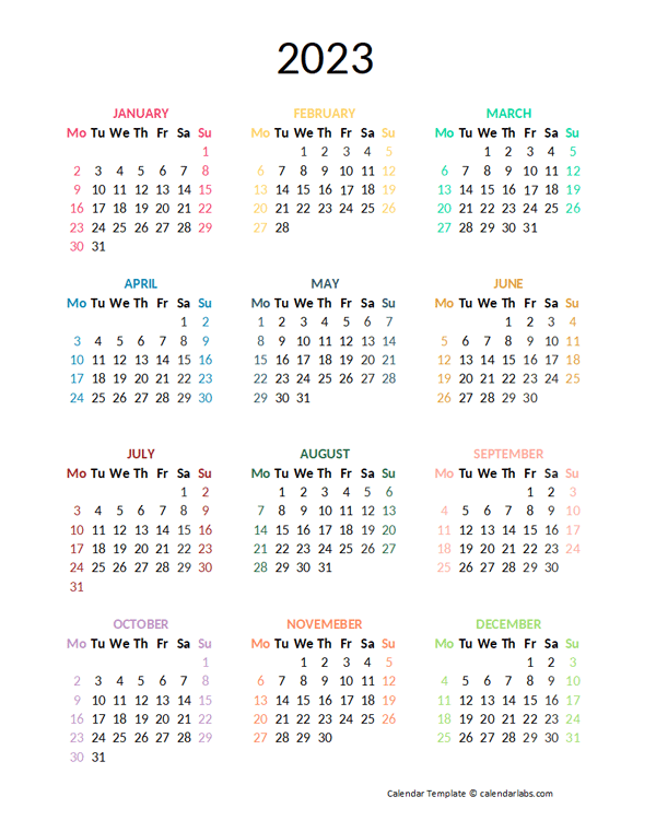 2023 Colorful Yearly Excel Calendar