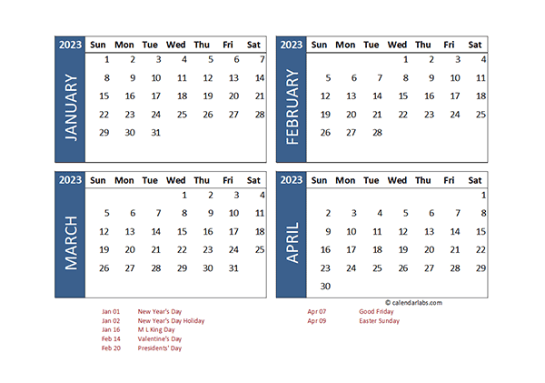 2023 Excel 4 Month Calendar Template