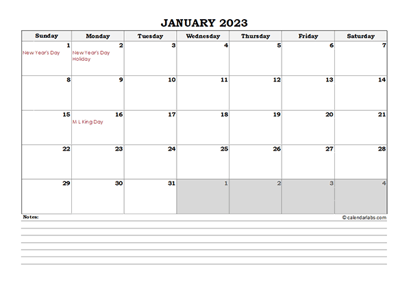 2023 Excel Monthly Calendar With Notes