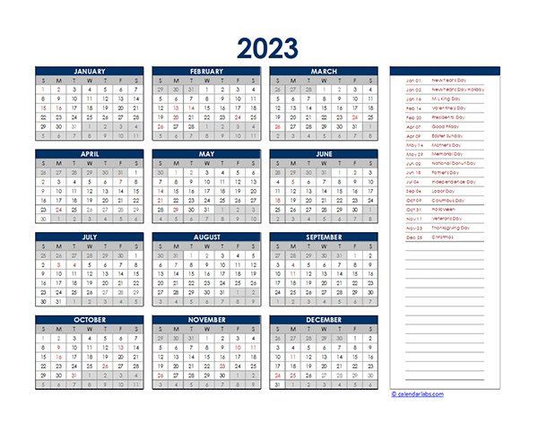 2023 Excel Yearly Calendar