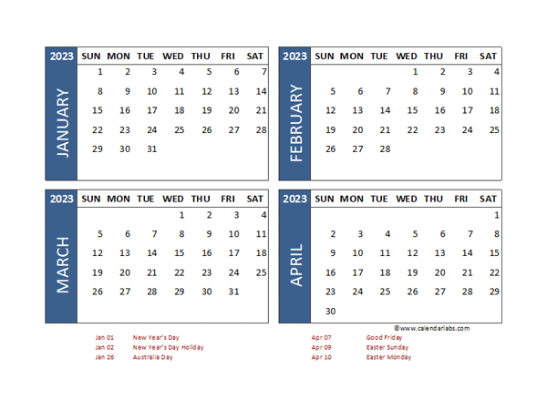 2023 Four Month Calendar with Australia Holidays