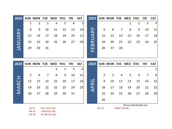 2023 Four Month Calendar with Canada Holidays