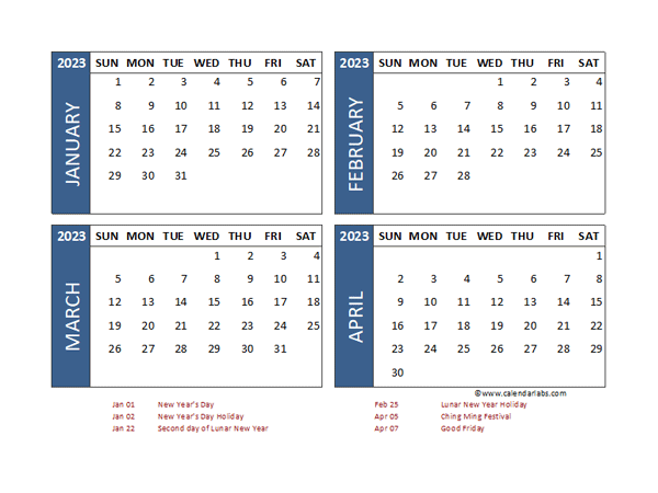 2023 Four Month Calendar with Hong Kong Holidays