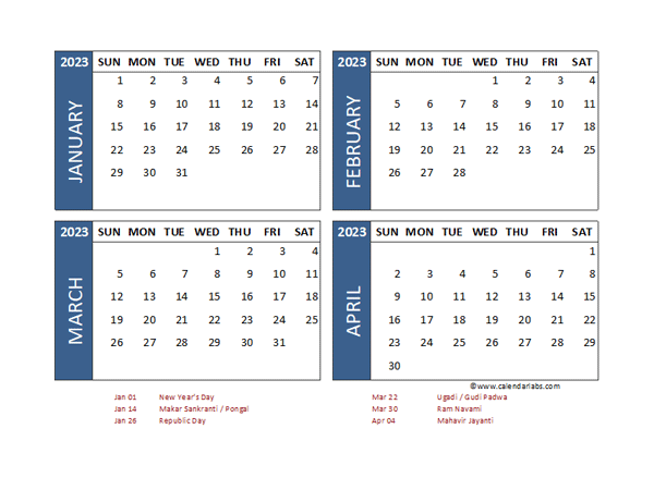 2023 Four Month Calendar with India Holidays