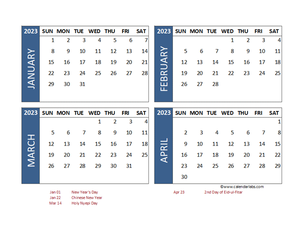 2023 Four Month Calendar with Indonesia Holidays