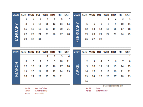 2023 Four Month Calendar with Ireland Holidays