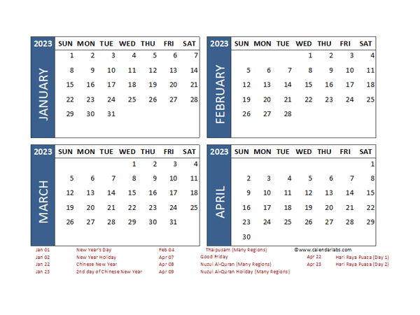 2023 Four Month Calendar with Malaysia Holidays