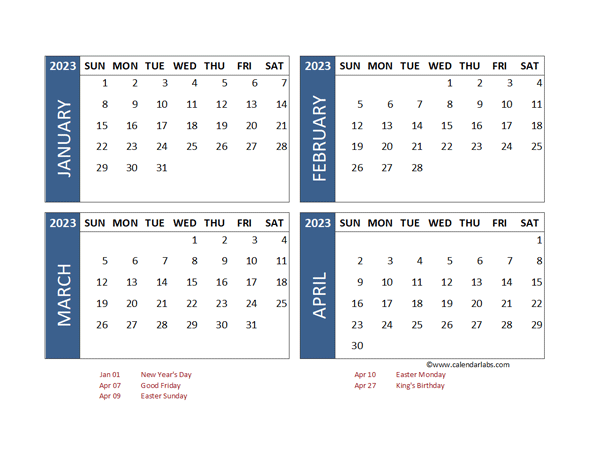 2023 Four Month Calendar with Netherlands Holidays