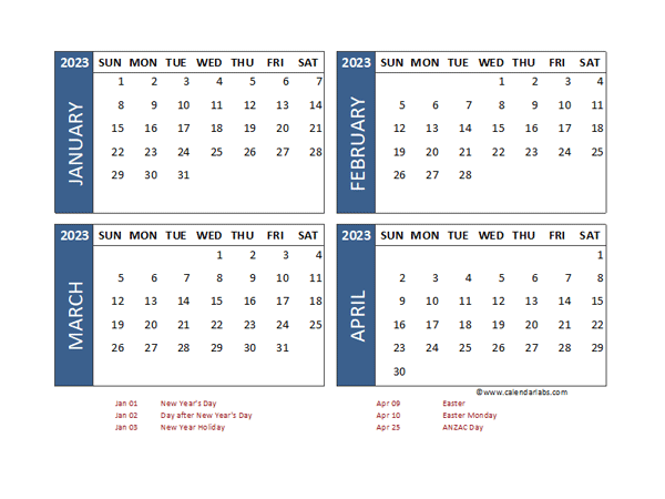 2023 Four Month Calendar with New Zealand Holidays