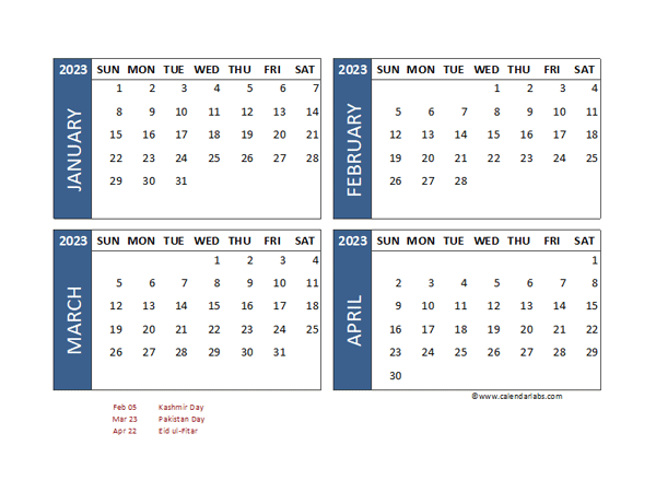 2023 Four Month Calendar with Pakistan Holidays