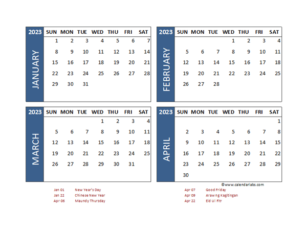 2023 Four Month Calendar with Philippines Holidays