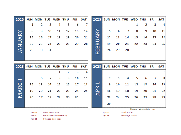 2023 Four Month Calendar with Singapore Holidays