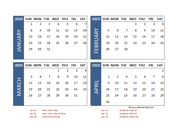 2023 Four Month Calendar with Thailand Holidays