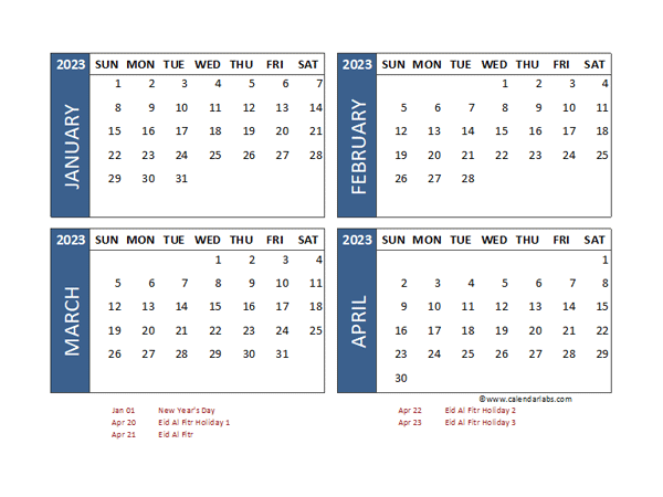 2023 Four Month Calendar with UAE Holidays