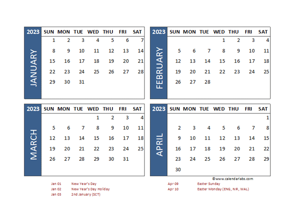 2023 Four Month Calendar with UK Holidays