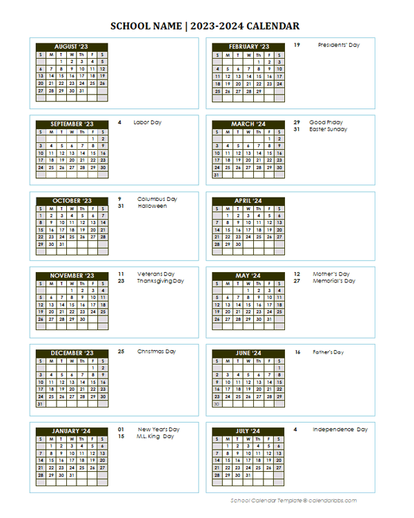 2023 Free School Yearly Calendar Aug