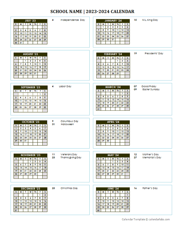 2023 Free School Yearly Calendar Jul