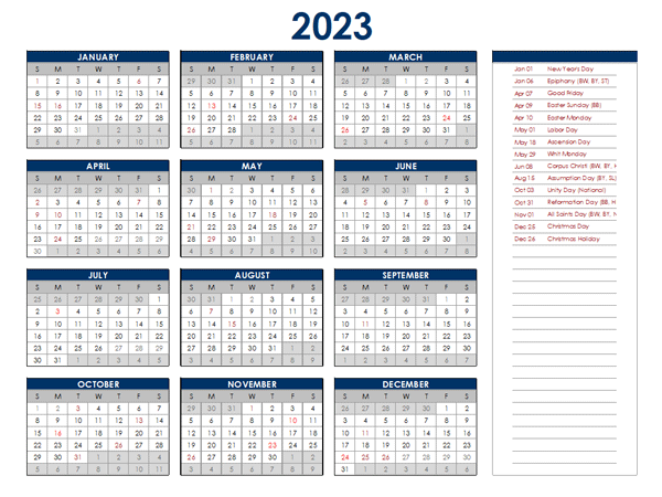 2023 Germany Annual Calendar With Holidays Free Printable Templates