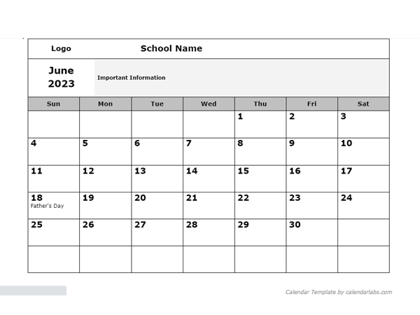 2023 Google Docs School Monthly Jun Calendar
