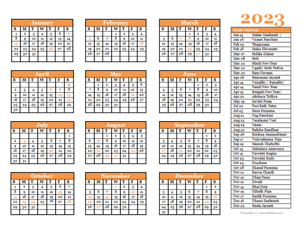 2023 Hindu Festivals Calendar Template