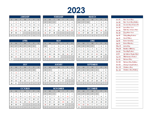 2023 Hong Kong Annual Calendar with Holidays