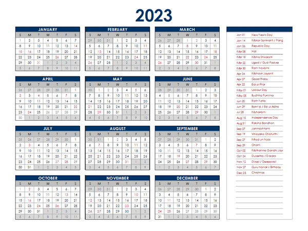 2023 India Annual Calendar with Holidays