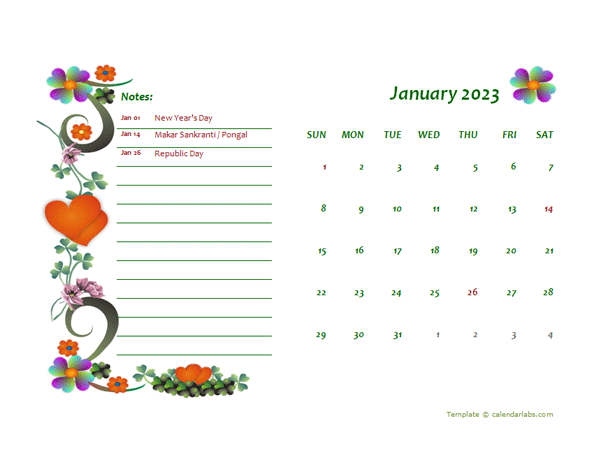 2023 India Calendar Free Printable Template