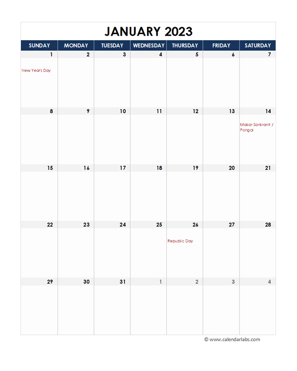 2023 India Calendar Spreadsheet Template