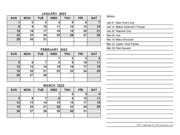 2023 India Quarterly Calendar with Holidays