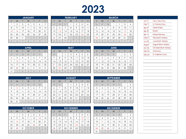 2023 Ireland Annual Calendar with Holidays