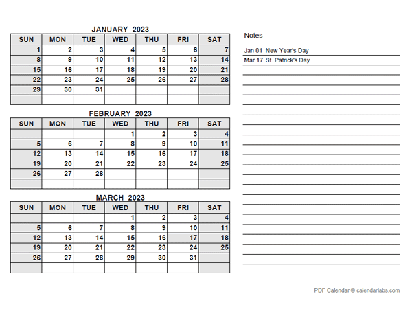 2023 Ireland Quarterly Calendar with Holidays