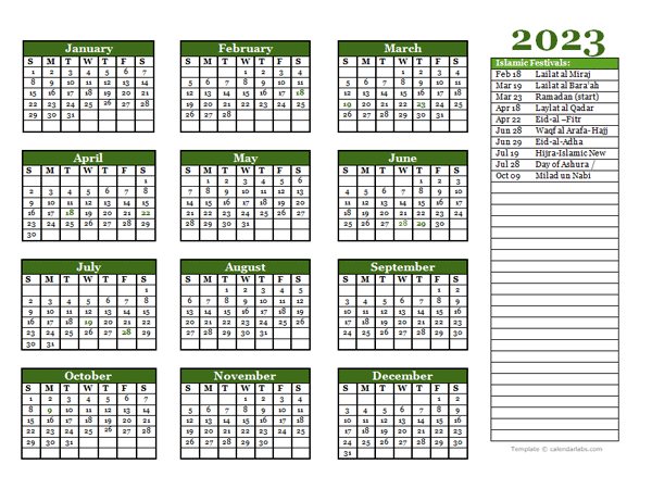 2023 Islamic Festivals Calendar Template