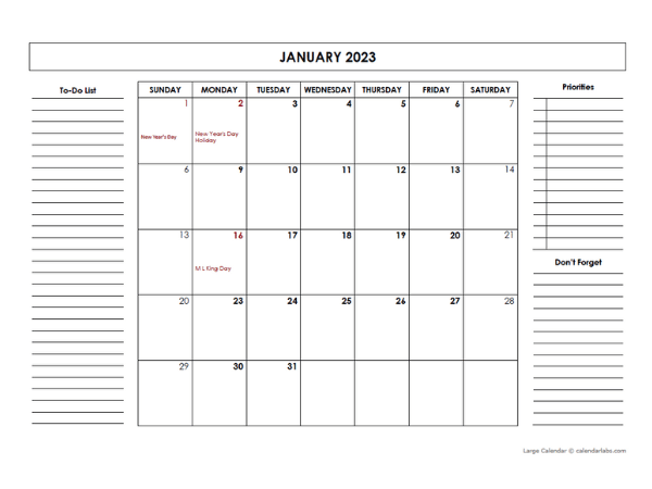 2023 Large Monthly Calendar With Holidays