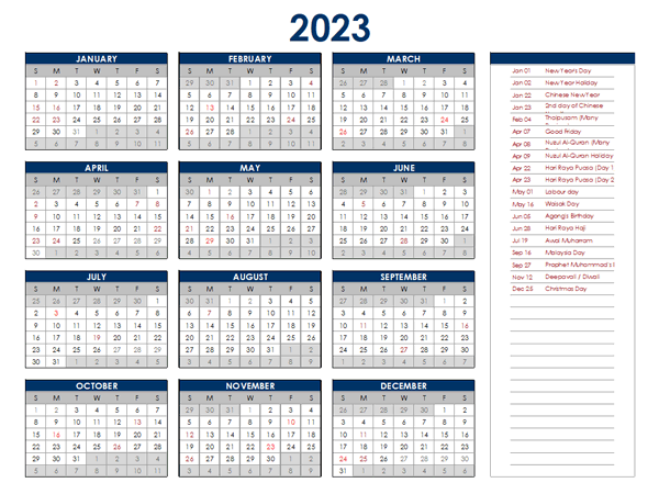 2023 Malaysia Annual Calendar with Holidays