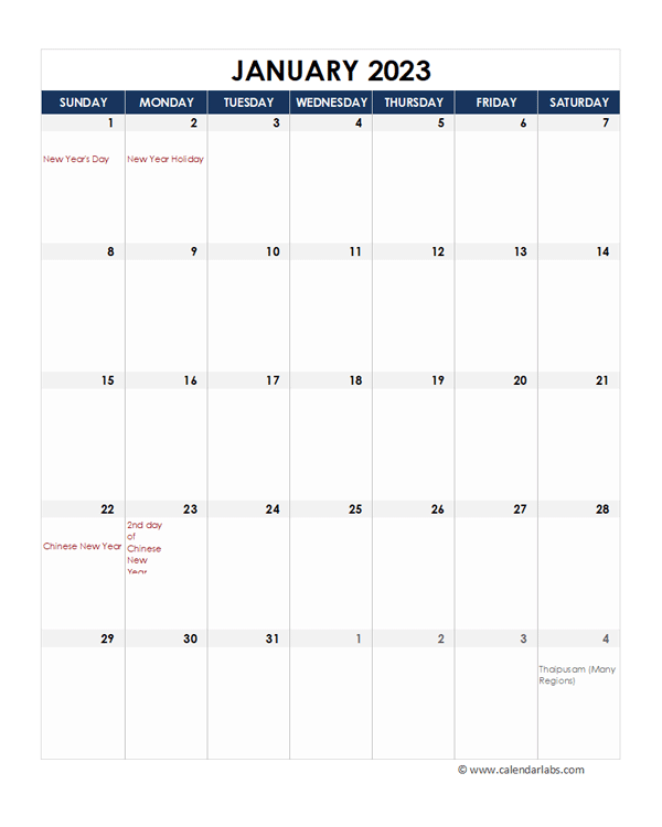 2023 Malaysia Calendar Spreadsheet Template