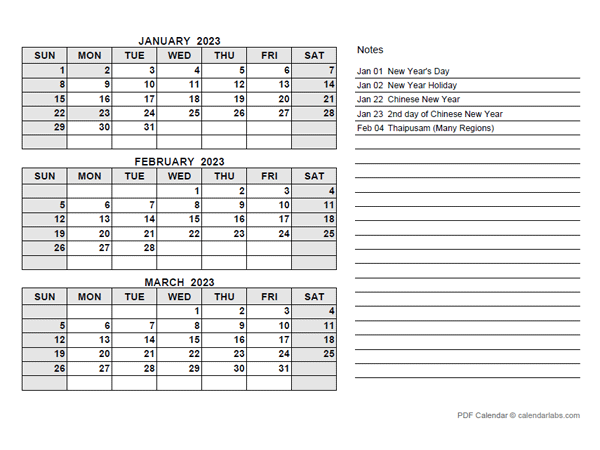 2023 Malaysia Quarterly Calendar with Holidays