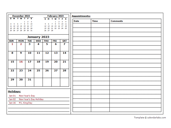 2023 Monthly Appointment Calendar Template