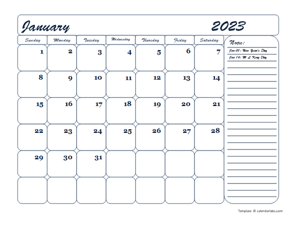 2023 Monthly Blank Calendar Template