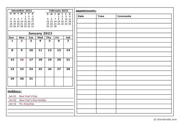 2023 Monthly Appointment Calendar