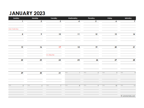 Monthly Printable Calendar Template 2023