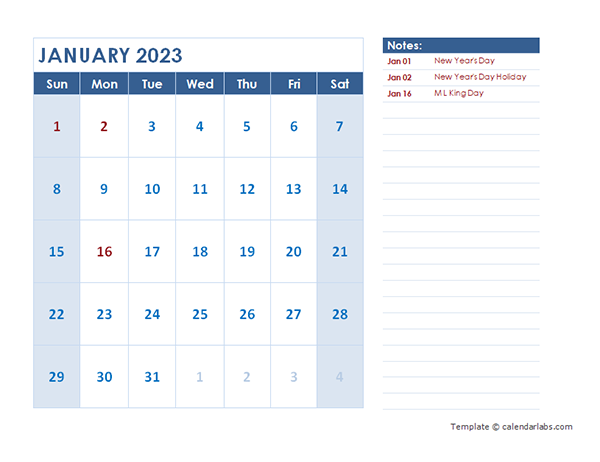 2023 Monthly Calendar Template Landscape
